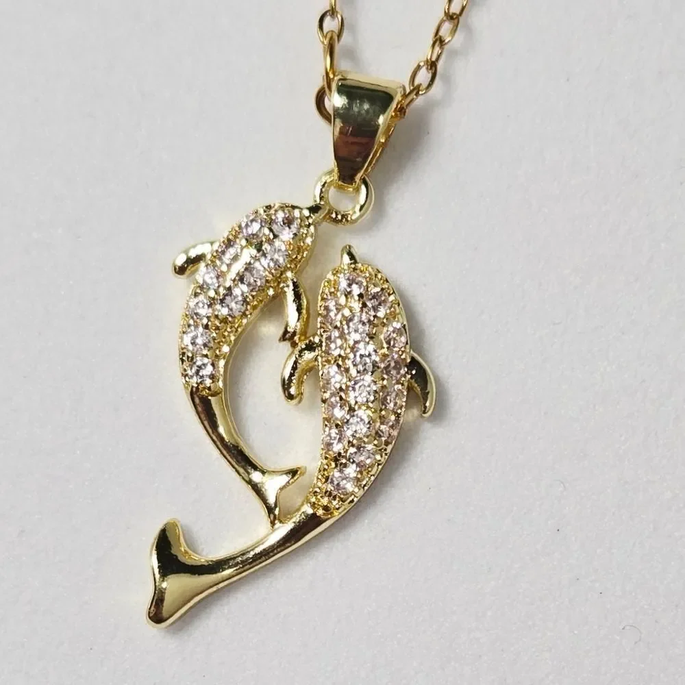 Shiny Pave CZ Dolphin Pendant Necklace 18K Gold Plated Stainless Steel Giftable